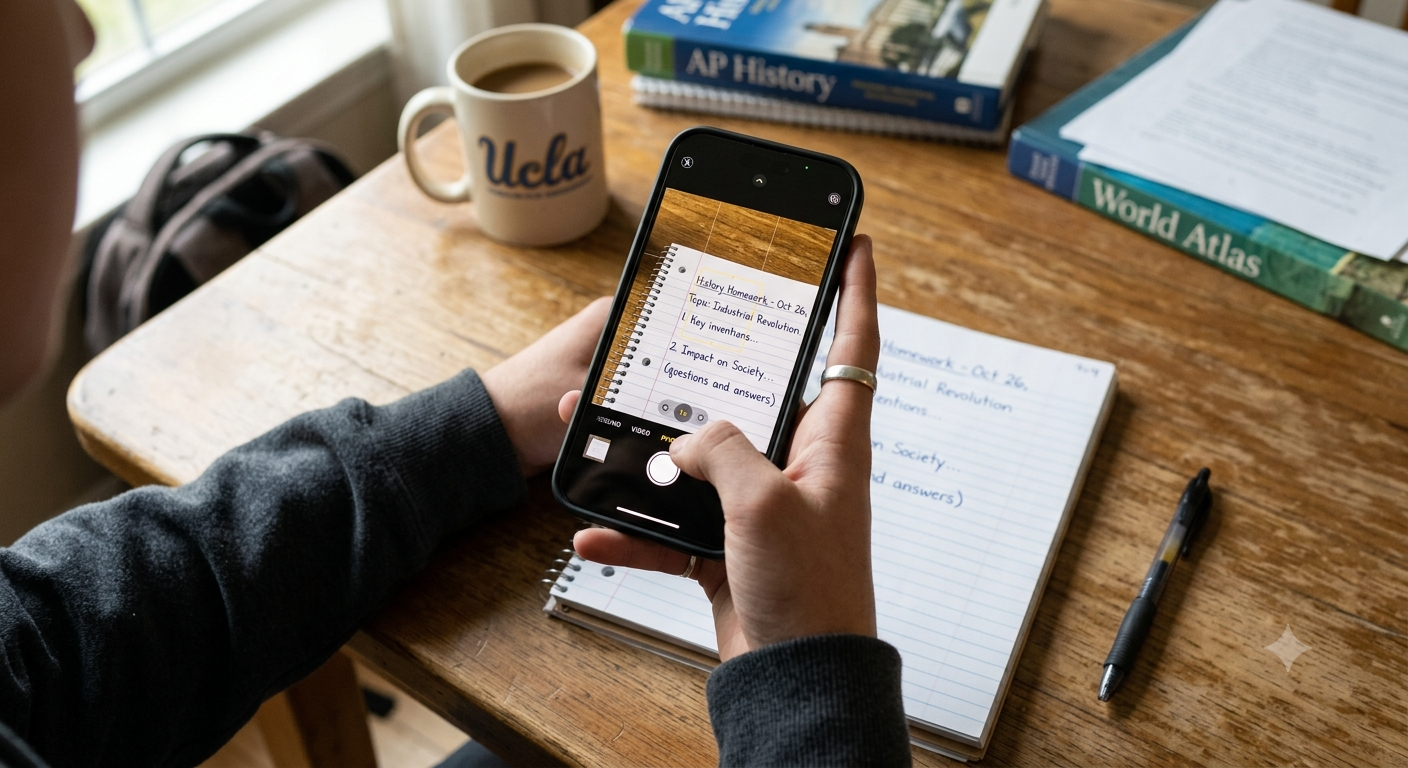 girl smartphone taking picture of homework
